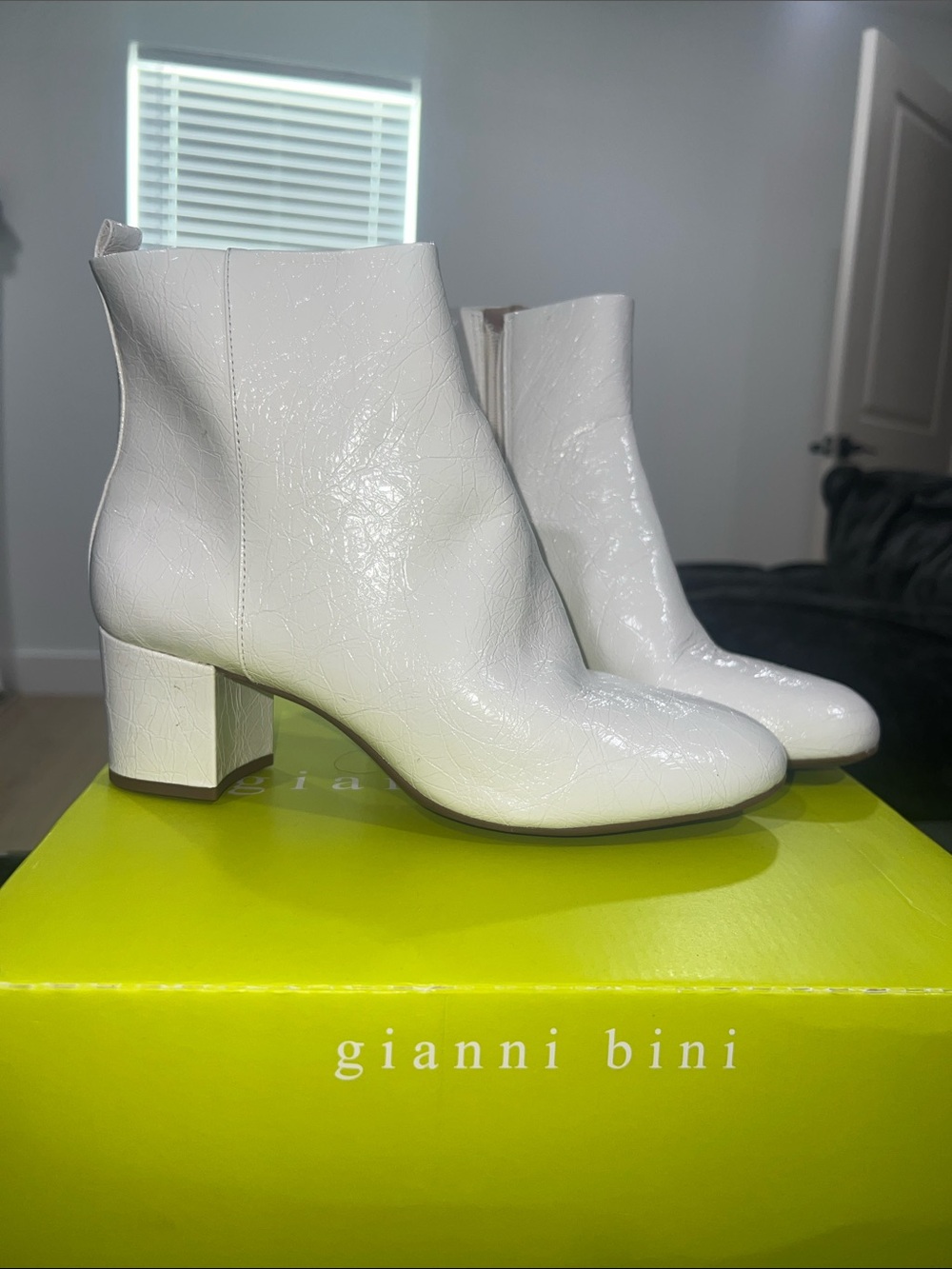 Gianni Bini White Patent Block Heel Ankle Boots